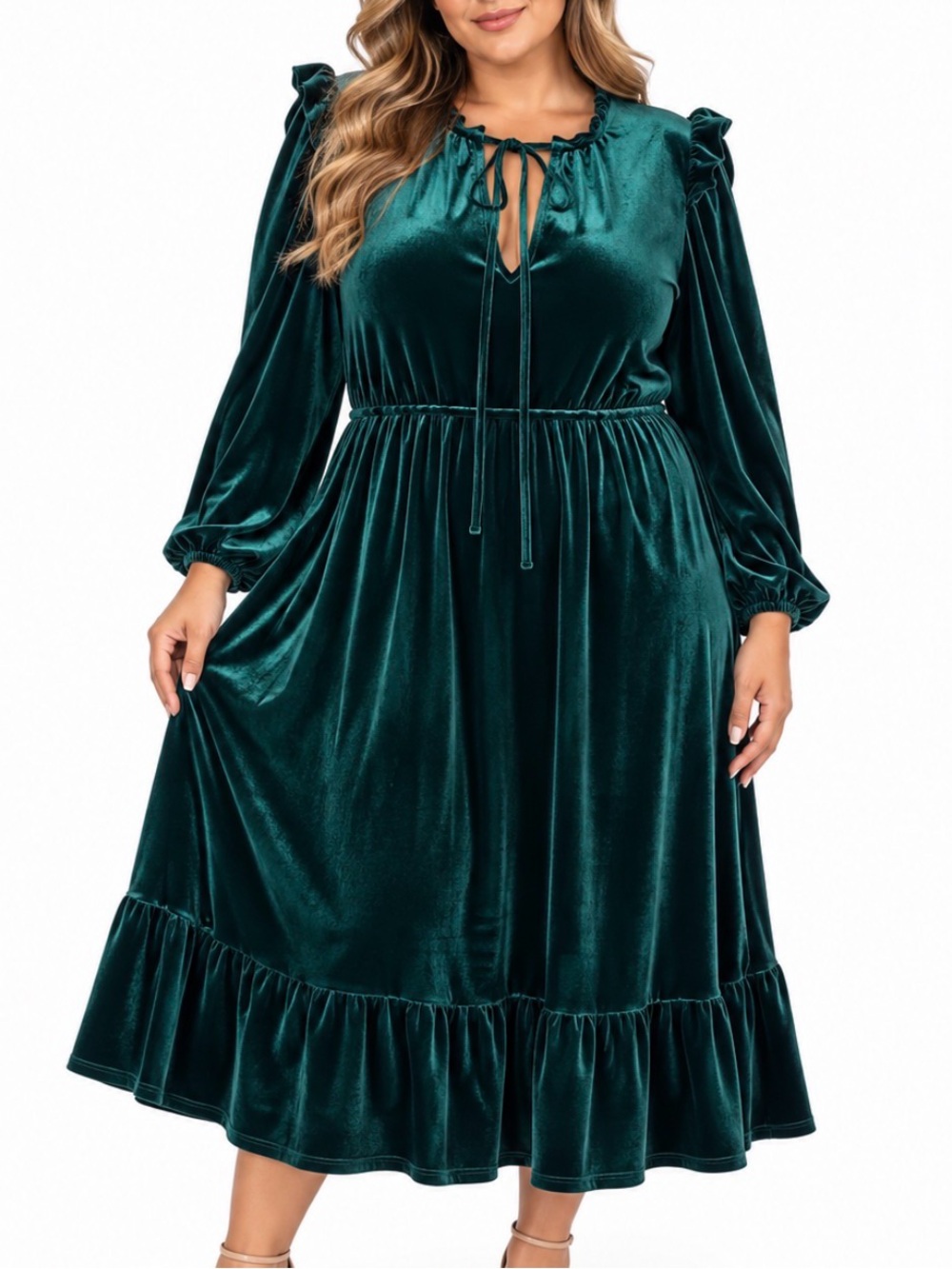 Baltic Born Emerald Green Velvet Long Sleeve maxi Dress ruffle trim SZ XL